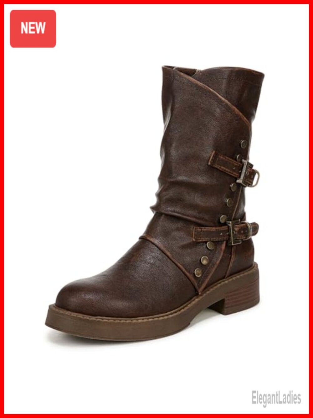 Faux Leather Mid Calf Moto Boots with Side Zipper & Buckle Details